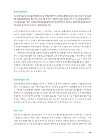 059제2부 부문별 의미와 성과 제1장 학교 문화예술교육 지원
관계기관 협력 강화
학교 문화예술교육 지원사업은 다양한 기관 및 주체들이 참여하는 방식으로 진행되고 있어, 이들 간의 인식 및 정보에
대한 교류와 협력이 매우 중요하다. 이러한 점을 감안하여 문화체육관광부, 교육부, 17개 시·도 교육청 및 자치단체,
한국문화예술교육진흥원, 16개의 광역문화예술교육지원센터 및 국악운영단체 등의 인식 공유와 협력 강화를 위한 관
계자 워크숍을 운영하여 지속적인 소통을 강화하고 있다.
관계기관 협력의 중요성은 사업 초기부터 인식되어 왔다. 2005년에는 문화예술교육 활성화를 위한 워크숍 및 세
미나 등을 총 8회 개최하였고, 2006년에는 총 8회의 사업 설명회를 개최하였다. 2007년에는 16개 시·도 국악분
야 주관단체 역량강화 및 운영지원을 위하여 연중 2회 이상의 워크숍을 지원하는 동시에 예술강사 지원학교 경
영자와 교사를 대상으로 설명회를 개최하여 문화예술교육정책과 사업을 집중 홍보하여 예술강사 지원사업이 이
루어지는 학교 내에서의 인식 제고와 협력을 유도하였다. 2010년에는 분야별 지역 전문가로 구성된 4개 분야 6
개 권역별 지역위원회의 자율적 활동을 지원하였고, 총 22회의 지역 워크숍을 운영·지원하였다. 2011년에는 7
개 분야의 35회 지역 워크숍을 실행하여 다양한 논의와 빈번하고 지속적인 교류를 이끌어 내었다.
2012년에는 해외 전문가를 초청하여 워크숍을 운영하여 학교 현장에서 보다 효과적인 교육과 노하우를 교
류하는 기회를 마련하였다. 이를 위해 학교 문화예술교육 관련 매개자들의 역량 강화를 주제로 하여 교육 현장
에 바로 적용 가능한 내용으로 기획하였다. 또한 예술강사의 역할모델 및 경력경로(career path) 시스템을 고민
할 수 있는 기회를 마련하고, 후속조치로 아티스트 멘토링 시스템의 한국 적용방안 및 학교예술강사의 교환연수
사업방향에 대해 협의하였다. 현재까지도 관련 워크숍을 지속적이고 정기적으로 추진함으로써, 변화하는 학교
현장에서 효과적인 문화예술교육이 이루어질 수 있도록 관계기관 간 정보 교류 및 개선방안을 모색하고 향후 방
향성에 대한 의견수렴의 장으로 활용하고 있다.
운영기관 컨설팅 지원
2013년에 실시한 운영기관 컨설팅은 16개 시·도 지방자치단체, 광역문화예술교육지원센터, 국악운영단체를 대
상으로 하는 컨설팅으로, 이들 기관의 역량을 파악하고 연구물을 공유함으로써 사업 현황의 진단을 목적으로 하
는 사업이다. 이를 통해 향후 개선책과 사업관리의 방향성을 도출하였다. 2014년에는 학교예술강사 지원사업의
운영기관 순차이관 과정에 있어 세부운영 및 효과적인 정책 지원계획 마련을 위해 16개 시·도 광역문화예술교
육지원센터 및 국악운영단체 컨설팅을 지원하였다. 주요 내용은 ‘인사·노무 분야 및 사업진행 법률 자문 및 애
로사항’, ‘예술강사, 운영학교 등 관계자와 업무상 갈등 처리 절차’, ‘운영기관 담당자의 낮은 임금 및 고용불안
관련 정책 방향’, ‘평가제도 개선 및 통합운영시스템 관리 방향’, ‘운영기관별 위기관리 대응’ 등이다.
콜센터 운영
10년간의 학교예술강사 지원사업 운영이 이루어지면서 학교 현장 및 예술강사들의 수가 확대되었고 사업추진
시 발생하는 다양한 문의에 효과적으로 응대할 필요성이 제기되었다. 이에 2014년 4월부터 학교예술강사 지원
사업의 민원 응대율 향상 및 전문 응대서비스를 통한 업무 효율화를 위해 학교예술강사 지원사업 콜센터(tel.
1600-0144)를 운영 중이다. 2014년 4월부터 12월까지 9개월간 총 통화건수는 1만 9,429건으로 37%가 학교 담당
 