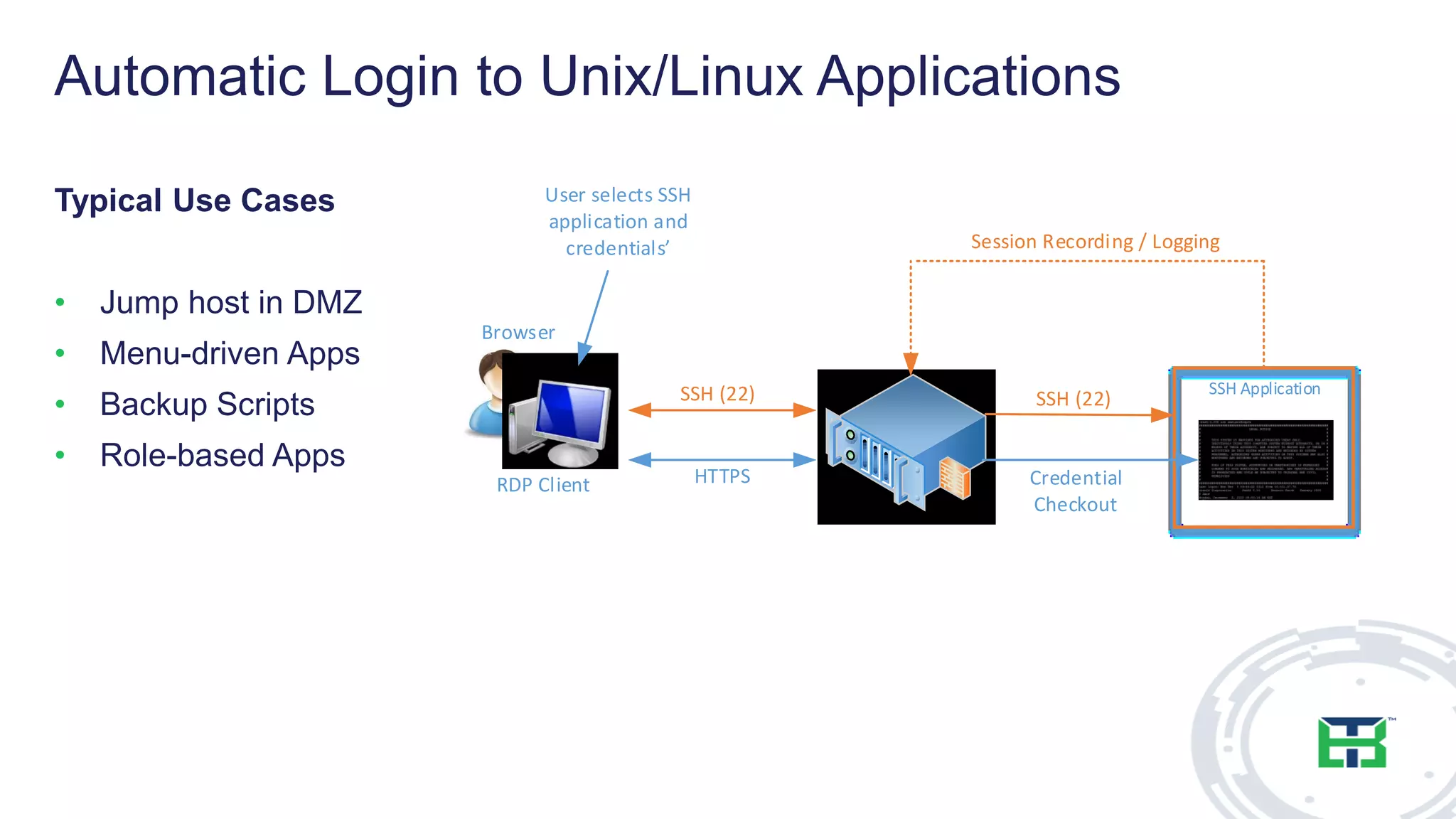 Automatic Login to Unix/Linux Applications
Typical Use Cases
• Jump host in DMZ
• Menu-driven Apps
• Backup Scripts
• Role-based Apps
Browser
RDP Client
SSH (22) SSH (22)
User selects SSH
application and
credentials
SSH Application
Credential
Checkout
Session Recording / Logging
HTTPS
 