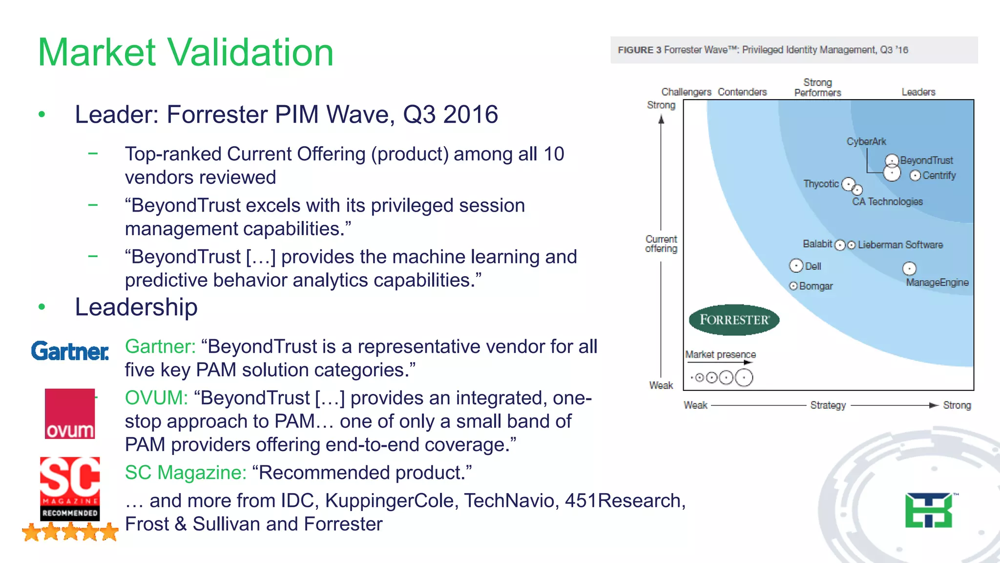 Market Validation
• Leader: Forrester PIM Wave, Q3 2016
− Top-ranked Current Offering (product) among all 10
vendors reviewed
− “BeyondTrust excels with its privileged session
management capabilities.”
− “BeyondTrust […] provides the machine learning and
predictive behavior analytics capabilities.”
• Leadership
− Gartner: “BeyondTrust is a representative vendor for all
five key PAM solution categories.”
− OVUM: “BeyondTrust […] provides an integrated, one-
stop approach to PAM… one of only a small band of
PAM providers offering end-to-end coverage.”
− SC Magazine: “Recommended product.”
− … and more from IDC, KuppingerCole, TechNavio, 451Research,
Frost & Sullivan and Forrester
 