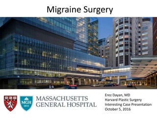 Migraine Surgery
Erez Dayan, MD
Harvard Plastic Surgery
Interesting Case Presentation
October 5, 2016
 