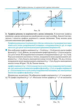 103
2. Графіки рівнянь та нерівностей з двома змінними. З поняттям графіка
рівняння з двома змінними ви ознайомилися в курсі алгебри. Аналогічно вво
диться і поняття графіка нерівності з двома змінними. Тому можна дати
спільне означення цих графіків:
Графікомрівняння(нерівності)здвомазміннимих іуназиваєтьсямно
жина всіх точок координатної площини з координатами (х; у), де пара
чисел (х; у) є розв’язком відповідного рівняння (нерівності).
( Для побудови графіка нерівності y > f (x) (чи y < f (x)) досить мати графік
функції y = f (x). Дійсно, за означенням графік функціїy = f (x) складаєть
ся з усіх точок M координатної площини з координатами (x; y) = (x; f (x)).
Тоді для кожного значення x точки, координати яких задовольняють не
рівності y > f (x), будуть знаходитися вище точки M (рис. 73, а), а точки,
координати яких задовольняють нерівності y < f (x), будуть знаходитися
нижче точки M (рис. 73, б). Таким чином,
графік нерівності y > f (x) складається з усіх точок координатної площи
ни, які знаходяться вище від графіка функції y = f (x), а графік нерівності
y < f (x) складається з усіх точок координатної площини, які знаходяться
нижче від графіка функції y = f (x). )
Наприклад, на рисунку 74 зображено графік нерівностіy > x2
, а на рисун
ку 75 графік нерівності y m x2
. Оскільки точки графіка y = x2
не належать
§ 8. Графіки рівнянь та нерівностей з двома змінними
Рис. 73
а б
Рис. 74 Рис. 75
 