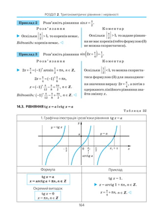 164
РОЗДІЛ 2. Тригонометричні рівняння і нерівності
Приклад 2 Розв’яжіть рівняння
2
sin .x
π
=
Р о з в ’ я з а н н я К о м е н т а р
Оскільки
2
1,
π
> то коренів немає.
Відповідь:коренів немає.
Оскільки
2
1,
π
> тозаданерівнян
нянемаєкоренів(тобтоформулою(3)
не можна скористатися).
Приклад 3 Розв’яжіть рівняння ( )π 1
4 2
sin 2 .x + =
Р о з в ’ я з а н н я К о м е н т а р
( ) 1
4 2
2 1 arcsin ,
π
+ = − + π
n
x n n ∈ Z,
( )4 6
2 1 ,
n
x n
π π
+ = − + π
( ) 12 8 2
1 ,
π π π
= − − +
n n
x n ∈ Z.
Відповідь: ( ) 12 8 2
1 ,
π π π
− − +
n n
n ∈ Z.
Оскільки
1
2
1,< то можна скориста
тися формулою (3) для знаходжен
ня значення виразу
4
2 ,x
π
+ а потім з
одержаного лінійного рівняння зна
йти змінну х.
14.3. РІВНЯННЯ tg x = a і ctg x = a
Т а б л и ц я 32
1. Графічна ілюстрація і розв’язки рівняння tg x = a
Формула
tg x = a
x = arctg a + πππππn, n ∈∈∈∈∈ Z
Окремий випадок
tg x = 0
х = πn, n ∈ Z
Приклад
tg x = 1.
x = arctg 1 + πn, n ∈ Z.
4
,x n
π
= + π n ∈ Z.
 