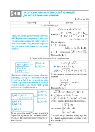 198
ЗАСТОСУВАННЯ ВЛАСТИВОСТЕЙ ФУНКЦІЙ
ДО РОЗВ’ЯЗУВАННЯ РІВНЯНЬ§§§§§1818181818
Т а б л и ц я 35
Орієнтир Приклад
1. Скінченна ОДЗ
Якщо область допустимих значень
(ОДЗ) рівняння (нерівності або сис
теми) складається із скінченного
числа значень, то для розв’язуван
ня досить перевірити всі ці зна
чення.
2 21 1 2 2 .x x x− + = + −
ОДЗ:
2 2
2 2
1 0, 1,
2 2 0 1
x x
x x
− 
⇔ ⇔ 
− 
l l
l m
2 1x⇔ = ⇔ 1.x= ±
П е р е в і р к а.
х = 1 — корінь
( )0 1 1 0, 1 1 ,+ = + =
х = –1 — не корінь ( )0 1 1 0 .− ≠ +
Відповідь: 1.
2. Оцінка лівої та правої частин рівняння
Якщо потрібно розв’язати рівнян
ня виду f (x) = g (x) і з’ясувалося, що
f (x) lllll а, g (x) mmmmm a, то рівність між
лівоюіправоючастинамиможлива
тоді і тільки тоді, коли f (x) і g (x)
одночасно дорівнюють а.
21 1 .− = +x x
f (x) = 1 – х2
m 1,
( ) 1 1= +g x x l (бо )0 .x l
Отже, задане рівняння рівносильне
системі
2
1 1,
0.
1 1
− =
⇔ =
+ =
x
x
x
Відповідь: 0.
( )22 22 2 4 0.x x x x− + − + − =
( )1 2 0,= −f x x l f2
(x) =
= | x2
– 2x | l 0, f3
(x) = (х2
– 4)2
l 0.
Отже, задане рівняння рівносиль
не системі
( )
2
22
2 0,
2 0,
4 0.
 − =

− =

− =
x
x x
x
З першого рівняння одержуємо
х = 2, що задовольняє всій системі.
Відповідь: 2.
Сума кількох невід’ємних функцій
дорівнює нулю тоді і тільки тоді,
коли всі функції одночасно дорівню
ють нулю.
( )
( )
( )
1
2
0,
0,
............
0.n
f x
f x
f x
=
 =
⇔ 

 =
( ) ( )
( )
( )
,f x a
f x g x
g x a
=
= ⇔ 
=
f (x) lllll a,
g (x) mmmmm a
f1
(x) + f2
(x) +
+ ... + fn
(x) = 0
f1
(x) lllll 0,
f2
(x) lllll 0,
............
fn
(x) lllll 0
 