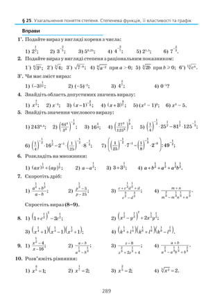 289
Вправи
1°. Подайте вираз у вигляді кореня з числа:
1)
1
2
2 ; 2)
2
5
3 ;
−
3) 50,25
; 4)
3
7
4 ;
−
5) 21,5
; 6)
2
3
7 .
−
2. Подайте вираз у вигляді степеня з раціональним показником:
1°) 6 5
3 ; 2°) 5
4; 3°) 97 ;−
4) 9 2a− при a > 0; 5) 4
2b при b l 0; 6*
) 11 4
.c
3°. Чи має зміст вираз:
1) ( )
1
23 ;− 2) (–5)–2
; 3)
2
7
4 ; 4) 0–5
?
4. Знайдіть область допустимих значень виразу:
1)
1
5
;x 2) х–3
; 3) x −( )−
1
2
3 ; 4) x +( )3
3
7 ; 5) (х2
– 1)0
; 6) х3
– 5.
5. Знайдіть значення числового виразу:
1) 2430,4
; 2) ( )
1
4 8
8
64
3
;
−
3)
5
416 ; 4) ( )
2
3 9
6
27
125
; 5) ( )
1
11 1
2
32 21
4
25 81 125 ;
−
−
⋅ − ⋅
6) ( ) ( )
1 1
11
2 21 321 1
4 25
16 2 8 ;
− −
−−
⋅ − ⋅ ⋅ 7)
1
25
1
8
1
2 1
1
3 3
1
2
7 2 49( ) ⋅ −( ) ⋅






−
−
−
− −
: ;
6. Розкладіть на множники:
1) ( ) ( )
11
33 ;ax ay+ 2)
1
2
;a a− 3)
1
2
3 3 ;+ 4) a b a a b+ + +
1
2
1
2
1
2
1
2
.
7. Скоротіть дріб:
1)
1 1
2 2
;
a b
a b
+
−
2)
1
2
5
25
;p
p
−
−
3)
1 1
2 2
3 3
2 2
;
c c d d
c d
+ +
−
4) 2 1 1 2
3 3 3 3
.m n
m m n n
+
− +
Спростіть вираз (8–9).
8. 1) ( )
21 1
2 2
1 2 ;c c+ − 2) ( )
21 1 1 1
2 2 2 2
2 ;x y x y− +
3) ( )( )( )1 1 1
4 4 2
1 1 1 ;x x x+ − + 4) ( )( )( )1 1 1 11 1
8 8 8 84 4
.k l k l k l+ + −
9. 1)
1
2
4
16
;
x
x
−
−
2) 1 1
3 3
;a b
a b
−
−
3) 2 1
3 3
8
2 4
;z
z z
−
+ +
4) 2 1 1 2
3 3 3 3
.a b
a a b b
+
− +
10. Розв’яжіть рівняння:
1)
3
5
1;x = 2)
1
7
2;x = 3)
2
5
2;x = 4) 5 2 2.x =
§ 25. Узагальнення поняття степеня. Степенева функція, її властивості та графік
 