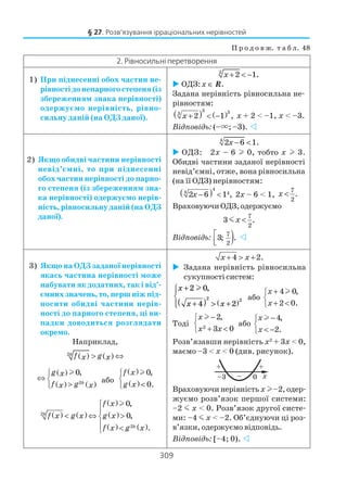 309
§ 27. Розв’язування ірраціональних нерівностей
П р о д о в ж. т а б л. 48
2. Рівносильні перетворення
1) При піднесенні обох частин не
рівностідонепарногостепеня(із
збереженням знака нерівності)
одержуємо нерівність, рівно
сильну даній (на ОДЗ даної).
3
2 1.x + < −
ОДЗ:х ∈ R.
Задана нерівність рівносильна не
рівностям:
( ) ( )
3 33
2 1 ,x + < − х + 2 < –1, х < –3.
Відповідь: (–×; –3).
2) Якщо обидві частини нерівності
невід’ємні, то при піднесенні
обох частин нерівності до парно
го степеня (із збереженням зна
ка нерівності) одержуємо нерів
ність, рівносильну даній (на ОДЗ
даної).
4
2 6 1.x − <
ОДЗ: 2х – 6 l 0, тобто х l 3.
Обидві частини заданої нерівності
невід’ємні, отже, вона рівносильна
(на її ОДЗ) нерівностям:
( )4
4 4
2 6 1 ,x − < 2х – 6 < 1,
7
2
.x <
Враховуючи ОДЗ, одержуємо
7
2
3 .x <m
Відповідь: )7
2
3; .

3) Якщо на ОДЗ заданої нерівності
якась частина нерівності може
набувати як додатних, так і від’
ємних значень, то, перш ніж під
носити обидві частини нерів
ності до парного степеня, ці ви
падки доводиться розглядати
окремо.
Наприклад,
( ) ( )2k
f gx x> ⇔
( )
( ) ( )2
0,
k
g x
f gx x

⇔ 
>
l
або
( )
( )
0,
0.
f x
g x


<
l
( ) ( )
( )
( )
( ) ( )
2
2
0,
0,
.
k
k
f x
f x g x g x
f x g x


< ⇔ >
 <
l
4 2.x x+ > +
Задана нерівність рівносильна
сукупності систем:
x
x x
+
+( ) > +( )




2 0
4 2
2 2
l ,
або
4 0,
2 0.
x
x
+

+ <
l
Тоді 2
2,
3 0
x
x x
−

+ <
l
або
4,
2.
x
x
−

< −
l
Розв’язавши нерівність х2
+ 3х < 0,
маємо –3 < х < 0 (див. рисунок).
Враховуючи нерівність х l–2, одер
жуємо розв’язок першої системи:
–2 m х < 0. Розв’язок другої систе
ми: –4 m х < –2. Об’єднуючи ці роз
в’язки, одержуємо відповідь.
Відповідь: [–4; 0).
 