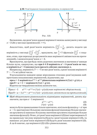 353
Зауважимо, що розв’язки заданої нерівності можна записувати у вигляді
x > 2 або у вигляді проміжка (2; +×).
Аналогічно, щоб розв’язати нерівність ( )1 1
4 16
,
x
> досить подати цю
нерівність у вигляді ( ) ( )
2
1 1
4 4
,
x
> врахувати, що
1
4
1< (функція ( )1
4
x
є спад
ною, отже, при переході до аргументів знак нерівності змінюється на проти
лежний), і записати розв’язки: x < 2.
Враховуючи, що при будь яких додатних значеннях a значення ах
завжди
більше нуля, одержуємо, що при b mmmmm 0 нерівність ax
< b розв’язків не має,
а нерівність ax
> b виконується при всіх дійсних значеннях x.
Наприклад, нерівність 7x
< –7 не має розв’язків, а розв’язками нерівності
7x
> –7 є всі дійсні числа.
Узагальнюючи наведені вище міркування стосовно розв’язування най
простіших показникових нерівностей, відзначимо, що
при a > 1 нерівність af (x)
> ag (x)
рівносильна нерівності f (x) > g (x), а
при 0 < a < 1 — нерівності f (x) < g (x).
Коротко це твердження можна записати так.
При а > 1 af (x)
> ag (x)
⇔ f (x) > g (x) (знак нерівності зберігається).
При 0 < a < 1 af (x)
> ag (x)
⇔ f (x) < g (x) (знак змінюється на протилежний).
( Щоб обґрунтувати рівносильність відповідних нерівностей, досить від
значити, що при a > 1 нерівності
af (x)
> ag (x)
, (2)
f (x) > g (x) (3)
можуть бути правильними тільки одночасно, оскільки функція y = at
при
a > 1 є зростаючою і більшому значенню функції відповідає більше значен
ня аргументу (і навпаки: більшому значенню аргументу відповідає більше
значення функції). Отже, усі розв’язки нерівності (2) (які перетворюють її
на правильну числову нерівність) будуть і розв’язками нерівності (3), та
навпаки: усі розв’язки нерівності (3) будуть розв’язками нерівності (2).
А це й означає, що нерівності (2) і (3) є рівносильними.
§ 30. Розв’язування показникових рівнянь та нерівностей
а б
Рис. 125
 