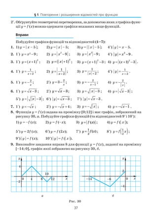 37
2*
. Обґрунтуйтегеометричніперетворення,задопомогоюякихзграфікафунк
ції y= f (x) можна одержати графіки вказаних вище функцій.
Вправи
Побудуйте графіки функцій та відповідностей (1–7):
1. 1) y = | x – 5 |; 2) y = | x | – 5; 3) y = | | x | – 5 |; 4*
) | y | = x – 5.
2. 1°) y x= −2 9 ; 2)
2
9y x= − ; 3)
2
9y x= − ; 4*
) y x= −
2
9 .
3. 1°) y x= +( )1
2
; 2) y x= +( )1
2
; 3) y x= +( ) −1 3
2
; 4) 2
( 1) 3y x= + − .
4. 1°) y
x
=
+
1
2
; 2)
1
2x
y
+
= ; 3)
1
2x
y
+
= ; 4*
)
1
2x
y
+
= .
5. 1°) y
x
= −
2
; 2°) y
x
= −3
2
; 3) y
x
= −
−
2
1
; 4)
2
x
y = − .
6. 1°) y x= −3 ; 2°) y x= −3; 3) 3y x= − ; 4) 3y x= − ;
5*
) 3y x= − ; 6*
) 3y x= − ; 7*
) 3y x= − .
7. 1°) y x= − ; 2°) y x= − +4 ; 3) y x= − ; 4) y x= − −1 .
8. Функція y = f (x) задана на проміжку [0;12] і має графік, зображений на
рисунку 30, а. Побудуйте графіки функцій (та відповідностей 9*
і 10*
):
1) y = –f (x); 2) y = f (–x); 3) y f x= ( ) ; 4) y = f (| x |);
5*
) y = 2f (x); 6*
) y = f (2x); 7*
) y f x=
1
2
( ) ; 8*
) y f x= ( )1
2
;
9*
) | y | = f (x); 10*
) | y | = f (| x |).
9. Виконайте завдання вправи 8 для функції y = f (x), заданої на проміжку
[–14; 0], графік якої зображено на рисунку 30, б.
Рис. 30
а б
§ 1. Повторення і розширення відомостей про функцію
 
