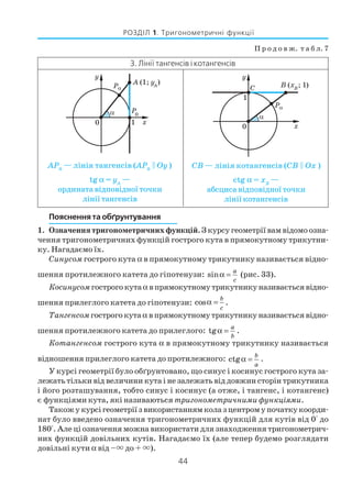44
РОЗДІЛ 1. Тригонометричні функції
Пояснення та обґрунтування
1. Означення тригонометричних функцій. З курсу геометрії вам відомо озна
чення тригонометричних функцій гострого кута в прямокутному трикутни
ку. Нагадаємо їх.
Синусом гострого кута α в прямокутному трикутнику називається відно
шення протилежного катета до гіпотенузи: sinα =
a
c
(рис. 33).
Косинусомгострогокутаα впрямокутномутрикутникуназиваєтьсявідно
шення прилеглого катета до гіпотенузи: cos
b
c
α = .
Тангенсомгострого кутаα в прямокутному трикутнику називається відно
шення протилежного катета до прилеглого: tgα =
a
b
.
Котангенсом гострого кута α в прямокутному трикутнику називається
відношення прилеглого катета до протилежного: ctgα =
b
a
.
У курсі геометрії було обґрунтовано, що синус і косинус гострого кута за
лежать тільки від величини кута і не залежать від довжин сторін трикутника
і його розташування, тобто синус і косинус (а отже, і тангенс, і котангенс)
є функціями кута, які називаються тригонометричними функціями.
Також у курсі геометрії з використанням кола з центром у початку коорди
нат було введено означення тригонометричних функцій для кутів від 0° до
180°. Але ці означення можна використати для знаходження тригонометрич
них функцій довільних кутів. Нагадаємо їх (але тепер будемо розглядати
довільні кути α від – до + ).
П р о д о в ж. т а б л. 7
3. Лінії тангенсів і котангенсів
AP0
— лінія тангенсів (AP0
Оy )
tg α = yA
—
ордината відповідної точки
лінії тангенсів
CB — лінія котангенсів (CB Оx )
ctg α = xB
—
абсциса відповідної точки
лінії котангенсів
 