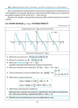 67
Далі, враховуючи періодичність тангенса (з періодом π), повторюємо ви
гляд графіка на кожному проміжку довжиноюπ (тобто паралельно переноси
мо графік уздовж осі Ох на πk, де k — ціле число).
Одержуємо графік, наведений на рисунку 66, який називається танген
соїдою.
5.4. ГРАФІК ФУНКЦІЇ y = ctg x ТА ЇЇ ВЛАСТИВОСТІ
Т а б л и ц я 13
§ 5. Графіки функцій синуса, косинуса, тангенса і котангенса та їх властивості
1. Область визначення: D (ctg x): x ≠≠≠≠≠ πππππk, k ∈∈∈∈∈ Z
2. Область значень: y ∈ R. E (ctg x) = R
3. Функція непарна: ctg (–x) = –ctg x
(графік симетричний відносно початку координат).
4. Функція періодична з періодом T = πππππ : ctg (x + π) = ctg x.
5. Точки перетину з осями координат: Оy немає Оx
2
0,
,
y
x k
π
=

= + π ∈
k Z
6. Проміжки знакосталості:
ctg x > 0 при ( )2
x k kπ
π π; ,∈ + k ∈ Z
ctg x < 0 при ( )2
; ,x k k
π
∈ + π π + π k ∈ Z
7. Проміжки зростання і спадання:
функція ctg x спадає на кожному з проміжків своєї області визначен
ня, тобто на кожному з проміжків (πππππk; πππππ + πππππk), k ∈ Z.
8. Найбільшого інайменшого значень функціяне має.
Графік функції y= ctg x(котангенсоїда)
Властивості функції y = ctg x
 