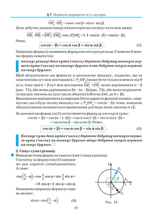 81
cos cos sin sin ;OP OPα β⋅ = α⋅ β + α⋅ β
2) як добуток довжин (модулів) векторів на косинус кута між ними:
Отже,
cos (ααααα – βββββ) = cos ααααα cos βββββ + sin ααααα sin βββββ . (1)
Одержануформулуназивають формулоюкосинусарізниці. Словесноїїмож
на сформулювати так:
косинус різниці двох кутів (чисел) дорівнює добутку косинуса пер
шого кута (числа) на косинус другого плюс добуток синуса першого
на синус другого.
Щоб обґрунтувати цю формулу в загальному випадку, згадаємо, що за
означенням кут між векторами (∠ Рα
OРβ
) може бути тільки в межах від 0
до π, тому при α > β кут між векторами OPα
і OPβ може дорівнювати α – β
(рис. 71), або може дорівнювати 2π – (α – β) (рис. 72), або може відрізняти
ся від цих значень на ціле число обертів (тобто на 2πk, де k ∈ Z).
Враховуючиперіодичність(зперіодом2π)тапарністьфункціїкосинус,одер
жуємо, що в будь якому випадку cos ∠ Рα
OРβ
= cos (α – β), отже, наведене
обґрунтування залишається правильним для будь яких значень α і β.
За допомогою формули (1) легко вивести формулу косинуса суми:
cos (α + β) = cos (α – (–β)) = cos α cos (–β) + sin α sin (–β) =
= cos α cos β – sin α sin β. Отже,
cos (ααααα + βββββ) = cos ααααα cos βββββ – sin ααααα sin βββββ . (2)
Косинус суми двох кутів (чисел) дорівнює добутку косинуса першо
го кута (числа) на косинус другого мінус добуток синуса першого
на синус другого. )))))
2. Синус суми і різниці.
( Виведемо тепер формули синуса суми і синуса різниці.
Спочатку за формулою (1) одержи
мо два корисні співвідношення.
А саме:
cos cos cos sin sin
cos sin sin .
π π π
ϕ ϕ
ϕ ϕ ϕ
2 2 2
0 1
−( )= + =
= ⋅ + ⋅ =
ϕ
Запишемо одержану формулу спра
ва наліво:
( )π
2
sin cos .ϕ = − ϕ (3)
§ 7. Формули додавання та їх наслідки
Рис. 72
 