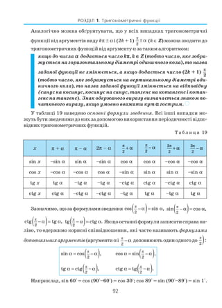92
РОЗДІЛ 1. Тригонометричні функції
Аналогічно можна обґрунтувати, що у всіх випадках тригонометричні
функції від аргументів виду kπ ä α і (2k + 1)
2
π
± α (k ∈ Z) можна зводити до
тригонометричних функцій від аргументу α за таким алгоритмом:
якщо до числа ααααα додається число kπππππ, k ∈∈∈∈∈ Z (тобто число, яке зобра
жується на горизонтальному діаметрі одиничного кола), то назва
заданої функції не змінюється, а якщо додається число (2k + 1)
2
π
(тобто число, яке зображується на вертикальному діаметрі оди
ничного кола), то назва заданої функції змінюється на відповідну
(синус на косинус, косинус на синус, тангенс на котангенс і котан
генс на тангенс). Знак одержаного виразу визначається знаком по
чаткового виразу, якщо умовно вважати кут ααααα гострим. )
У таблиці 19 наведено основні формули зведення. Всі інші випадки мо
жуть бути зведеними до них за допомогою використання періодичності відпо
відних тригонометричних функцій.
Т а б л и ц я 19
Зазначимо, що за формулами зведення ( )π
2
cos sin ,− α = α ( )π
2
sin cos ,− α = α
( )π
2
ctg tg ,− α = α ( )π
2
tg ctg .− α = α Якщо останні формули записати справа на
ліво, то одержимо корисні співвідношення, які часто називають формулами
доповняльнихаргументів(аргументи αі π
2
−α доповнюютьодинодногодо )π
2
:
( )π
2
sin cos ,α = − α ( )π
2
cos sin ,α = − α
( )π
2
tg ctg ,α = − α ( )π
2
ctg tg .α = − α
Наприклад, sin 60° = cos (90°–60°) = cos 30°; cos 89° = sin (90°–89°) = sin 1°.
 
