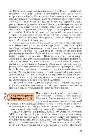 ма Міцкевича таким екзотичним краєм став Крим — «Схід у мі
ніатюрі» («Кримські сонети») або історія його рідної Литви
(«Гражина», «Конрад Валленрод»). Зазначимо, що в останньому
випадку історія теж виконує роль своєрідного прихистку роман
тичної душі. Тож романтики надавали перевагу зображенню істо
ричних епох, передовсім Середньовіччя (згадаймо розквіт жанру
історичного роману в добу романтизму). Водночас варто заува
жити, що хоча реалісти також не цураються історичного роману
(«Саламбо» Г. Флобера), усе таки художній час реалістичних
творів — це переважно сучасне їм життя суспільства. І показовим
у цьому плані є підзаголовок до роману Стендаля «Червоне і чор
не» — «Хроніка ХІХ століття».
Окрім того, місцем утечі романтичного героя від буденності
могла бути і якась вигадана країна, віртуальний світ, як, наприк
лад, Керепес або Джинністан у повісті казці «Крихітка Цахес, на
прізвисько Цинобер» Е. Т. А. Гофмана. Натомість дія більшості
реалістичних творів відбувається в реально існуючому, конкрет
ному й добре відомому місці. Воно часто описане так наочно й
достеменно, що дехто з дослідників навіть перевіряє номери бу
динків і квартир, згаданих у творах реалістів. І часто ті номери й
навіть кількість вікон чи балконів збігаються. Так, одним з яск
равих прикладів реалістичного художнього простору є Петер
бург Ф. Достоєвського, де замислив і здійснив свій жахливий
злочин Родіон Раскольников — герой роману «Злочин і кара».
Деякі дослідники навіть ходили маршрутами Раскольникова і
переконалися, що Достоєвський ніде не помилився в назві вули
ці, моста через Неву чи в нумерації будинків.
Потрібно зазначити, що час у реалізмі історичний і відтворю
ється він з можливою конкретністю, адже одним із засадничих
принципів цього літературного напряму став історизм.
Якщо романтизм був добою панування по
езії, то реалізм — епоха домінування прози.
Недаремно багато письменників, які стоя
ли на межі цих епох, у ранні (романтичні)
етапи своєї творчості здебільшого писали поетичні твори, а в наступ
ні (наближені до реалізму) — ставали прозаїками. Це можна побачи
ти на прикладі творчості О. Пушкіна та М. Лермонтова.
Щодо жанрових пріоритетів, то слід зазначити, що середина
ХІХ ст. — період домінування реалістичного соціального роману.
Саме цей жанр давав змогу найповніше відтворити картини життя
суспільства та найглибше дослідити його проблеми, що й було
одним з головних завдань реалістів. У цьому жанрі могли знайти
втілення найрізноманітніші аспекти реального життя. Недаремно
31
Жанрові пріоритети
літератури реалізму
 