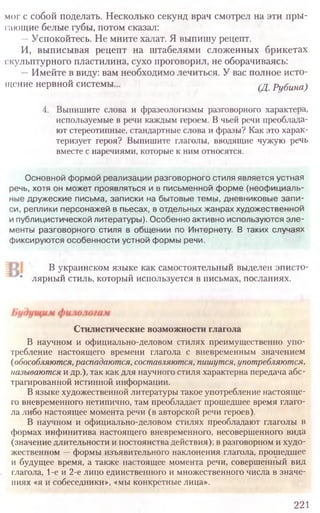 мог с собой поделать. Несколько секунд врач смотрел на эти пры-
гающие белые губы, потом сказал:
—Успокойтесь. Не мните халат. Я выпишу рецепт.
И, выписывая рецепт на штабелями сложенных брикетах
скульптурного пластилина, сухо проговорил, не оборачиваясь:
—Имейте в виду: вам необходимо лечиться. У вас полное исто-
щение нервной системы... (Д. Рубина)
4. Выпишите слова и фразеологизмы разговорного характера,
используемые в речи каждым героем. В чьей речи преоблада-
ют стереотипные, стандартные слова и фразы? Как это харак-
теризует героя? Выпишите глаголы, вводящие чужую речь
вместе с наречиями, которые к ним относятся.
Основной формой реализации разговорного стиля является устная
речь, хотя он может проявляться и в письменной форме (неофициаль-
ные дружеские письма, записки на бытовые темы, дневниковые запи-
си, реплики персонажей в пьесах, в отдельных жанрах художественной
и публицистической литературы). Особенно активно используются эле-
менты разговорного стиля в общении по Интернету. В таких случаях
фиксируются особенности устной формы речи.
В украинском языке как самостоятельный выделен эписто-
лярный стиль, который используется в письмах, посланиях.
Стилистические возможности глагола
В научном и официально-деловом стилях преимущественно упо­
требление настоящего времени глагола с вневременным значением
{обособляются,распадаются, составляются, пишутся,употребляются,
называются идр.), так как для научного стиля характерна передача абс­
трагированной истинной информации.
Вязыке художественной литературы такое употребление настояще­
го вневременного нетипично, там преобладает прошедшее время глаго­
ла либо настоящее момента речи (в авторской речи героев).
В научном и официально-деловом стилях преобладают глаголы в
формах инфинитива настоящего вневременного, несовершенного вида
(значение длительности и постоянствадействия); вразговорном и худо­
жественном —формы изъявительного наклонения глагола, прошедшее
и будущее время, а также настоящее момента речи, совершенный вид
глагола, 1-е и 2-е лицо единственного и множественного числа в значе­
ниях «я и собеседники», «мы конкретные лица».
221
 