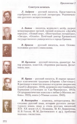 Советуем почитать
JI. Андреев — русский писатель. Представитель
серебряного века русской литературы. Родоначаль-
ник русского экспрессионизма.
A. Битов — писатель, журналист, актёр, лауреат
международных премий, премий журналов «Дружба
народов», «Новый мир», «Иностранная литература»,
«Звезда», «Огонёк». Почётный доктор Ереванского
государственного университета и города Еревана.
B. Брюсов — русский писатель, поэт. Осново-
положник русского символизма.
М. Булгаков —русский писатель, драматург. Ав-
тор романов, повестей, сборников рассказов, фелье-
тонов, пьес.
И. Бунин —русский писатель. В лирике продол-
жал классические традиции (сборник «Листопад»),
В рассказах и повестях показал оскудение дворянских
усадеб («Деревня», 1910), душевную опустошённость
буржуазии («Господин из Сан-Франциско», 1915).
Остродраматические новеллы о любви («Митина лю-
бовь», 1925), книга («Тёмные аллеи», 1943).
В. Виноградов — языковед, литературовед. Ис-
следовал русский язык, историю русского литера-
турного языка, язык и стиль русских писателей
XIX-XX веков (А. С. Пушкина, М. Ю. Лермонтова,
Н. В. Гоголя, Ф. М. Достоевского и др.), проблемы
поэтики, стилистики.
Приложение 2
272
 