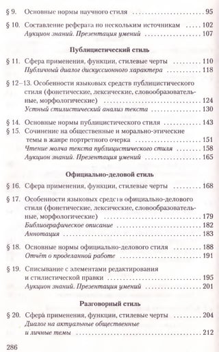 § 9. Основные нормы научного стиля ........................................ 95
§ 10. Составление реферата но нескольким источникам ...... 102
Аукцион знаний. Презентация умений .................................107
Публицистический стиль
§11. Сфера применения, функции, стилевые черты ................110
Публичный диалог дискуссионного характера ....................118
§ 12-13. Особенности языковых средств публицистического
стиля (фонетические, лексические, словообразователь­
ные, морфологические) ........................................................124
Устный стилистический анализ текста .............................130
§ 14. Основные нормы публицистического стиля .....................143
§ 15. Сочинение на общественные и морально-этические
темы в жанре портретного очерка ...................................... 151
Чтение молча текста публицистического стиля ...............158
Аукцион знаний. Презентация умений ................................ 165
Официально-деловой стиль
§ 16. Сфера применения, функции, стилевые черты ................168
§ 17. Особенности языковых средс iв официально-делового
стиля (фонетические, лексические, словообразователь­
ные, морфологические) ........................................................179
Библиографическое описание .................................................182
Аннотация ...............................................................................183
§ 18. Основные нормы официально-делового стиля ................188
Отчёт о проделанной работе ...............................................191
§ 19. Списывание с элементами редактирования
и стилистической правки ......................................................195
Аукцион знаний. Презентация умений ................................ 201
Разговорный стиль
§ 20. Сфера применения, функции, стилевые черты ............... 204
Диалог на актуальные общественные
и личные темы ......................................................................212
286
 