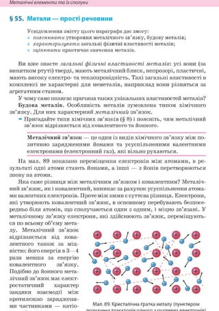 Неметалічні елементи та їх сполуки
§ 55. Метали — прості речовини
Усвідомлення змісту цього параграфа дає змогу:
пояснювати утворення металічного зв'язку, будову металів;
характеризувати загальні фізичні властивості металів;
оцінювати практичне значення металів.
Ви вже знаєте загальні фізичні властивості металів: усі вони (за
винятком ртуті) тверді, мають металічний блиск, непрозорі, пластичні,
мають високу електро- та теплопровідність. Такі загальні властивості в
комплексі не характерні для неметалів, наприклад вони різняться за
агрегатним станом.
У чому саме полягає причина таких унікальних властивостей металів?
Будова металів. Особливість металів зумовлена типом хімічного
зв'язку. Для них характерний металічний зв'язок.
» Пригадайте типи хімічних зв'язків (§ 8) і поясніть, чим металічний
зв'язок відрізняється від ковалентного та йонного.
Металічний зв'язок — це один із видів хімічного зв'язку між по-
зитивно зарядженими йонами та усуспільненими валентними
електронами (електронний газ), які вільно рухаються.
На мал. 89 показано переміщення електронів між атомами, в ре-
зультаті одні атоми стають йонами, а інші — з йонів перетворюються
знову на атоми.
Яка саме різниця між металічним зв'язком і ковалентним? Металіч-
ний зв'язок, як і ковалентний, виникає за рахунок усуспільнення атома-
ми валентних електронів. Проте між ними є суттєва різниця. Електрони,
які утворюють ковалентний зв'язок, в основному перебувають безпосе-
редньо біля атомів, що сполучаються один з одним, і міцно зв'язані. У
металічному зв'язку електрони, які здійснюють зв'язок, переміщують-
ся по всьому об'єму мета-
лу. Металічний зв'язок
відрізняється від кова-
лентного також за міц-
ністю: його енергія в 3—4
рази менша за енергію
ковалентного зв'язку.
Подібно до йонного мета-
лічний зв'язок має елект-
ростатичний характер
завдяки взаємодії між
протилежно заряджени-
ми частинками — катіо-
••Д.* •
© "О: О ©,
© © ' ©
Мал. 89. Кристалічна ґратка металу (пунктиром
 