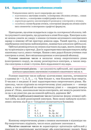 Розділ 1
§ 4. Будова електронних оболонок атомів
Усвідомлення змісту цього параграфа дає змогу:
пояснювати значення понять «електронна оболонка атома», «кван-
тове число», «електронна конфігурація атома»;
характеризувати закономірності розподілу електронів у атомах;
складати схеми будови атомів, електронні формули атомів хіміч-
них елементів і електронно-графічні формули.
Пригадаємо, що атом складається з ядра та електронної оболонки, тоб-
то сукупності електронів, що рухаються в атомі біля ядра. Електрон в ато-
мі можна уявити як хмару з певною густиною негативного електричного
заряду в певному об'ємі простору довкола ядра. Такий простір, у якому
перебування електрона найімовірніше, називається атомною орбіталлю.
Орбіталі розміщуються на певних відстанях від ядра, мають певну фор-
му та орієнтацію у просторі. Для їх характеристики використовують набір
квантових чисел, яких є чотири. Кожне з них дедалі більше уточнює стан
електрона в атомі, його місцезнаходження в електронній оболонці.
Головне квантове число п визначає номер енергетичного рівня
(електронного шару), на якому розміщується електрон, а також енер-
гію електрона в атомі і ступінь його віддаленості від ядра.
Енергетичний рівень — це сукупність орбіталей, які характери-
зуються однаковим значенням головного квантового числа п.
Головне квантове число набуває цілочислових значень, починаючи
з одиниці (п = 1, 2, 3, ... оо). Чим більше п, тим більшою буде енергія.
З числом п поєднані й інші характеристики енергетичного рівня. На-
приклад, число підрівнів на енергетичному рівні дорівнює п — номеру
рівня, а число орбіталей на енергетичному рівні п — квадрату номера
рівня ті2. Отже, максимальне число електронів, які можуть розмістити-
ся на я-му рівні (по два на кожній орбіталі), дорівнює 2п.2.
Побічне (орбітальне) квантове число І визначає форму атомної орбі-
талі (АО), на якій розміщений електрон. Воно може набувати цілочис-
лових значень від 0 до п—1 (підрівні позначаються буквами).
п 1 АО
1 0 Is
2 0, 1 2s, 2р
3 0, 1, 2 3s, Зр, 3d
4 0, 1, 2, 3 4s, 4р, 4d, 4/
Кожному енергетичному рівню з певним значенням п відповідає на-
бір енергетичних підрівнів, число яких дорівнює значенню п.
Магнітне квантове число т характеризує орієнтацію орбіталей у
просторі (у зовнішньому магнітному або електричному полях). Воно
 