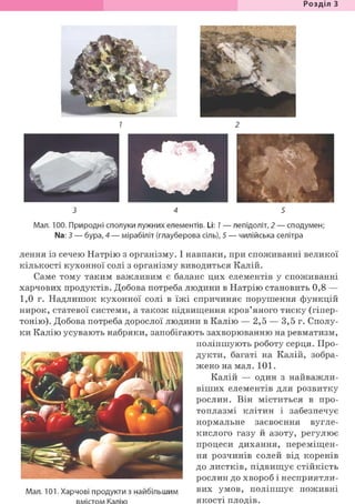 Розділ З
3 4 5
Мал. 100. Природні сполуки лужних елементів. Li: 7 — лепідоліт, 2 — сподумен;
Na: З — бура, 4 — мірабіліт (глауберова сіль), 5 — чилійська селітра
лення із сечею Натрію з організму. І навпаки, при споживанні великої
кількості кухонної солі з організму виводиться Калій.
Саме тому таким важливим є баланс цих елементів у споживанні
харчових продуктів. Добова потреба людини в Натрію становить 0,8 —
1,0 г. Надлишок кухонної солі в їжі спричиняє порушення функцій
нирок, статевої системи, а також підвищення кров'яного тиску (гіпер-
тонію). Добова потреба дорослої людини в Калію — 2,5 — 3,5 г. Сполу-
ки Калію усувають набряки, запобігають захворюванню на ревматизм,
поліпшують роботу серця. Про-
_ ДУКти, багаті на Калій, зобра-
, ^ Я В Ш Н } Т іліА 1 . || жено на мал. 101.
Ь ^ Я д ' Калій — один з найважли-
j f t l fcÄ^V' 11*ДЯ віших елементів для розвитку
Д рослин. Він міститься в про-
топлазмі клітин і забезпечує
B u ^ ^ l нормальне засвоєння вугле-
кислого газу й азоту, регулює
процеси дихання, переміщен-
- н я розчинів солей від коренів
до листків, підвищує стійкість
рослин до хвороб і несприятли-
Мал. 101. Харчові продукти в найбільшим в и х У м о в ' поліпшує поживні
вмістом Калію якості плодів.
 