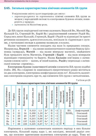 Неметалічні елементи та їх сполуки
§ 65. Загальна характеристика хімічних елементів НА групи
Усвідомлення змісту цього параграфа дає змогу:
характеризувати та порівнювати хімічні елементи IIA групи за
місцем у періодичній системі та електронною будовою атомів; поши-
реність у природі;
оцінювати їх біологічну роль.
До IIA групи періодичної системи належать Берилій Be, Магній Mg,
Кальцій Ca, Стронцій Sr, Барій Ва і радіоактивний елемент Радій Ra.
Серед них лише Кальцій, Стронцій, Барій і Радій та відповідні їм прості
речовини називають лужноземельними, оскільки їх гідроксиди є луга-
ми, а тугоплавкі оксиди в давнину називали землями.
Назви частини елементів походять від назв їх природних сполук.
Наприклад, Берилій — від назви напівкоштовного каменю берилу (різ-
новид ізумруду), Магній — від назви мінералу магнезії, знайденого
біля грецького міста Магнезія, Стронцій і Барій — від назв мінералів
відповідно стронціаніту та бариту. Назва Кальцію пов'язана з латин-
ським словом calcis — вапно, м'який камінь. Радій у перекладі з латин-
ської означає «промінь».
Електронна будова і властивості атомів елементів IIA групи подібні
(табл. 20). На s-підрівні їх зовнішнього енергетичного рівня містяться
по два електрони, електронна конфігурація яких ns2. Кількість валент-
них електронів свідчить про те, що елементи IIA групи є металічними.
Т а б л и ц я 20
Загальна характеристика хімічних елементів НА групи
Символхімічного
елемента
Період
Атомнийномер
Відноснаатомна
маса
Радіусатома,нм
Електро-
негативність
Валентніелектрони
Валентність
Ступеніокиснення
Металічні
властивості
Загальні
формулиоксидіві
гідроксидів
Характероксидів
ігідроксидів
Be 2 4 9 0,113 1,5 2s2 II +2 «о ЕО, Амфотерний
Mg 3 12 24 0,160 1,23 3s2 II +2 Л
н Е(ОН)2 Основний
Ca 4 20 40 0,197 1,04 4s2 II +2 И
2
ч
Основний
Sr 5 38 88 0,215 0,99 5s2 II +2
И
2
ч Основний
Ва 6 56 137 0,221 0,97 6s2 II +2 ОО Основний
Ra 7 88 226 0,235 0,97 7s2 II +2 К f Основний
Порівняно з лужними елементами кожного періоду в них більше
електронів, більший заряд ядра і, як наслідок, менший радіус ато-
ма, що посилює притягання валентних електронів до ядра. Тому всі
 