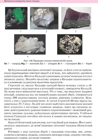 Неметалічні елементи та їх сполуки
Мал. 108. Природні сполуки елементів IIA групи.
Be: 1 — ізумруд; Mg: 2 — магнезит; Ca: 3 — ангідрит; Sr: 4 — стронціаніт; Ва: 5 — барит
Це будівельний матеріал кісткової тканини, за його участю відбува-
ється перетворення хімічної енергії в м'язах, він забезпечує здатність
крові зсідатися. Нестача Кальцію призводить до розм'якшення кісток і
розвитку рахіту. Потреба організму людини в Кальцію задовольняєть-
ся в основному за рахунок молочних продуктів.
Стронцій як аналог Кальцію здатний брати активну участь в об-
міні речовин і відкладатися в кістковій тканині, заміщуючи Кальцій.
Це може мати небезпечні наслідки. Річ у тому, що внаслідок ядерних
реакцій, наприклад під час випробування ядерної зброї, утворюються
понад 200 радіоактивних ізотопів різних хімічних елементів. Біль-
шість з них є короткоживучими. А ізотоп Стронцій-90 має період на-
піврозпаду 27,7 року. За цей час може відбутися накопичення значної
його кількості в кісткових тканинах людини, через що організм за-
знає довготривалого радіоактивного опромінювання і можливий роз-
виток ракових пухлин, руйнування кровотворних органів. Стабільні
ізотопи Стронцію постійно містяться в живих організмах, не завдаю-
чи їм шкоди.
Берилій безпечний для рослин, але отруйний для тварин. Його нако-
пичення призводить до розм'якшення кісткової тканини (берилієвий
рахіт).
Розчинні у воді сполуки Барію є сильними отрутами, які, потра-
пляючи в організм людини, уражають міокард серця, нервову систему,
кровоносні судини, кісткову тканину.
 