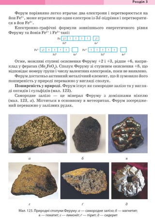 Розділ З
Ферум порівняно легко втрачає два електрони і перетворюється на
йон Fe2+, може втратити ще один електрон із Зс/-підрівня і перетворити-
ся в йон Fe3+.
Електронно-графічні формули зовнішнього енергетичного рівня
Феруму та йонів Fe2+ і Fe3+TaKi:
Fe It т т т т CD
3d6
4s2
Fe2
It т т т т Fe3
т т т т т •3d6
4s° 3d5
4s°
Отже, можливі ступені окиснення Феруму +2 і +3, рідше +6, напри-
клад у фератах (Me2Fe04). Сполук Феруму зі ступенем окиснення +8, що
відповідає номеру групи і числу валентних електронів, поки не виявлено.
Ферум достатньо активний металічний елемент, що й зумовило його
поширеність у природі переважно у вигляді сполук.
Поширеність у природі. Ферум існує як самородне залізо та у вигля-
ді оксидів і сульфідів (мал. 123).
Самородне залізо — це мінерал Феруму з домішками нікелю
(мал. 123, а). Міститься в основному в метеоритах. Ферум зосередже-
ний переважно у залізних рудах.
г ґ д
Мал. 123. Природні сполуки Феруму: а — самородне залізо; б — магнетит;
в — гематит; г — лимоніт; ґ — пірит; д — сидерит
 