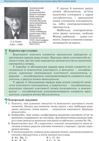 Повторення та поглиблення теоретичних питань курсухіміїосновноїшколи
У групах А навпаки: радіус
атомів збільшується, зв'язок
валентних електронів з ядром
послаблюється, і приєднання
нових електронів ускладнюєть-
ся, тобто електронегативність
зменшується.
Найбільшу електронегатив-
ність мають галогени, особливо
Флуор; найменшу — лужні еле-
менти. Інертні елементи електро-
негативності не мають.
J Коротко про головне
Властивості хімічних елементів змінюються періодично зі
зростанням зарядів ядер атомів. Причина зміни властивостей по-
лягає в тому, що так само періодично змінюється число валентних
електронів у атомах.
У періодах зі збільшенням зарядів ядер атомів елементів по-
силюються їх неметалічні властивості, а металічні — послаблю-
ються, відповідно окиснювальні властивості посилюються, а
відновні — послаблюються; електронегативність елементів поси-
люється, а радіуси атомів зменшуються.
У групах зі збільшенням зарядів ядер атомів елементів мета-
лічні властивості посилюються, а неметалічні — послаблюються,
відповідно відновні властивості атомів посилюються, а окисню-
вальні — послаблюються; електронегативність елементів змен-
шується, а радіуси атомів збільшуються.
Контрольні завдання
* 1. Поясніть, чим зумовлені металічні та неметалічні властивості атомів
елементів. Назвіть два елементи: атоми одного з них найбільше вияв-
ляють металічні, атоми іншого — неметалічні властивості. Відповідь
обґрунтуйте.
2. Поміркуйте, чому атоми з конфігурацією валентних електронів ns2np6 не
виявляють спорідненості до електрона. Для обґрунтування відповіді наве-
діть схему розподілу валентних електронів по орбіталях у атомах Be і Ne.
3. Користуючись мал. 10 у підручнику, поясніть закономірність зміни ве-
личини атомних радіусів хімічних елементів у періодах і групах періо-
дичної системи.
4. У атомів елементів, символи яких наведено нижче, електронегативність
спочатку збільшується, а потім зменшується в ряді
А Na, Mg, С; В I, CI, Br;
Л. К. Полінг
(1901—1994)
Американський
фізик і хімік,
громадський діяч.
Праці зі структури
білків, імунохімії,
молекулярної
генетики. Виступав
проти випробувань
ядерної зброї.
Нобелівська
премія з хімії
(1954), Нобелівська
премія миру (1962),
Міжнародна
Ленінська премія
(1970). Золота медаль
ім. Ломоносова АН
СРСР (1977)
 