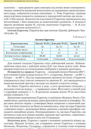 Неметалічні елементи та їх сполуки
галогенів — приєднувати один електрон від атомів менш електронега-
тивних елементів (зазвичай металічних) до завершення двохелектрон-
ного шару, набуваючи ступінь окиснення - 1 . Тому Гідрогену, єдиному
серед хімічних елементів, відведено у періодичній системі два місця —
в ІА і VIIA групах. Неметалічні властивості Гідрогену переважають над
металічними, і його відносять до неметалічних елементів. У молекулі
простої речовини водню Н2 ступінь окиснення Гідрогену — 0. В усіх
сполуках виявляє валентність І.
Ізотопи Гідрогену. Гідроген має три ізотопи: Протій, Дейтерій і Три-
тій (табл. 3).
Т а б л и ц я З
Ізотопи Гідрогену
Характеристики Протій (Н) Дейтерій 2Н (D) Тритій 3Н (Т)
Склад ядра 1р, In 1р, 2п
Нуклонне число 1 2 3
Електронна конфігурація Is1 Is1 Is1
Атомна частка у природі, % 99,98 0,015 (2 кг)
Стабільність Стабільний Стабільний Радіоактивний
Для кожної сполуки Гідрогену існує дейтерієвий аналог. Найваж-
ливішим серед них є дейтерій оксид D2 0, так звана важка вода. Вона
використовується як сповільнювач нейтронів у ядерних реакторах.
Поширеність у природі. Гідроген — основний елемент Космосу (92 %
усіх атомів): Сонце складається на 75 % з Гідрогену, Юпітер — на 80 % ,
Сатурн — на 60 % . Під час термоядерних процесів на Сонці з Гідрогену
утворюються інші хімічні елементи та протони Н+, які викидаються в
навколосонячний простір у вигляді так званого сонячного вітру.
На Землі Гідроген міститься у воді, в усіх органічних сполуках, у
вільному стані як водень — у природних газах. Його вміст у земній корі
і гідросфері дорівнює 1 % . В організмі людини масою 70 кг маса його
атомів становить 7 кг.
Джерелами надходження Гідрогену в повітряну оболонку Землі є Сві-
товий океан, кратери вулканів, деякі фотохімічні реакції в атмосфері. Че-
рез свою легкість водень з атмосфери Землі потрапляє в космічний про-
стір. Але його кількість на Землі не зменшується, тому що ядра Гідрогену
«сонячного вітру», досягнувши Землі, реагують з киснем атмосфери і ви-
падають звичайним дощем. Підтвердженням є те, що маса Гідрогену, що
міститься у воді всіх земних водойм, дорівнює масі протонів, «занесених»
сонячним вітром на Землю за весь час її існування.
Біологічна роль. Гідроген є одним з основних елементів живих ор-
ганізмів. Водневі зв'язки, які утворюють атоми Гідрогену з атомами
Оксигену, Нітрогену, Сульфуру, утримують у сталому стані вторинну
 