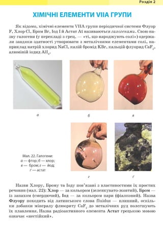 Розділ 1
ХІМІЧНІ ЕЛЕМЕНТИ VIIA ГРУПИ
Як відомо, хімічні елементи VIIA групи періодичної системи Флуор
F, Хлор СІ, Бром Вг, Іод І й Астат At називаються галогенами. Свою на-
зву галогени (у перекладі з грец. — «ті, що народжують солі») одержа-
ли завдяки здатності утворювати з металічними елементами солі, на-
приклад натрій хлорид NaCl, калій бромід КВг, кальцій флуорид CaF2,
алюміній іодид А1І3.
Мал. 22. Галогени:
а — фтор; б — хлор;
в — бром; г — йод;
ґ — астат
Назви Хлору, Брому та Іоду пов'язані з властивостями їх простих
речовин (мал. 22): Хлор — за кольором (зеленкувато-жовтий), Бром —
із запахом (смердючий), Іод — за кольором пари (фіалковий). Назва
Флуору походить від латинського слова fluidus — плинний, оскіль-
ки добавки мінералу флюориту CaF2 до металічних руд полегшують
їх плавлення. Назва радіоактивного елемента Астат грецькою мовою
означає «нестійкий».
 