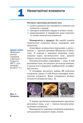 6
флюорит CaF2 гіпс СaSO4•2H2O халькозин Сu2S
Мал. 1.
Мінерали
Неметалічні елементи
Матеріал параграфа допоможе вам:
скласти уявлення про поширеність неметалічних
елементів у природі;
пригадати особливості будови їх атомів і йонів;
характеризувати й передбачати деякі властиво
сті атомів неметалічних елементів.
Поширеність у природі. На нашій планеті
неметалічні елементи більш поширені, ніж
металічні.
Атмосфера складається переважно з азоту і
кисню — простих речовин Нітрогену й Окси
гену. У повітрі є домішки інертних газів,
водяної пари, вуглекислого газу, деяких
інших сполук неметалічних елементів.
Основна речовина гідросфери — вода. У ній
розчинені гази, які входять до складу повітря,
а також солі хлоридної, карбонатної, сульфат
ної кислот.
У літосфері міститься майже 90 хімічних
елементів, однак і в ній більш поширені неме
талічні елементи. Вони утворюють велику
кількість мінералів (мал. 1).
1111
Цікаво знати
Найпоши
реніші
елементи
у Всесвіті —
Гідроген
(92 % усіх
атомів) і
Гелій (7 %).
У живих організмах переважають органічні
речовини і вода, а це — також сполуки неме
талічних елементів.
Поширеність хімічних елементів оцінюють,
зіставляючи кількості їхніх атомів.
 