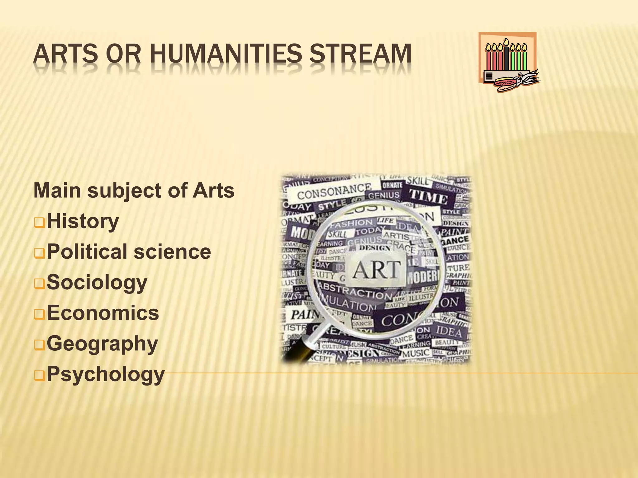 ARTS OR HUMANITIES STREAM
Main subject of Arts
History
Political science
Sociology
Economics
Geography
Psychology
 