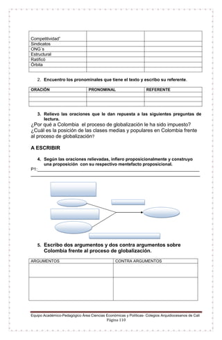 Equipo Académico-Pedagógico Área Ciencias Económicas y Políticas- Colegios Arquidiocesanos de Cali
Página 110
2. Encuentro los pronominales que tiene el texto y escribo su referente.
ORACIÓN PRONOMINAL REFERENTE
3. Relievo las oraciones que le dan repuesta a las siguientes preguntas de
lectura.
¿Por qué a Colombia el proceso de globalización le ha sido impuesto?
¿Cuál es la posición de las clases medias y populares en Colombia frente
al proceso de globalización?
A ESCRIBIR
4. Según las oraciones relievadas, infiero proposicionalmente y construyo
una proposición con su respectivo mentefacto proposicional.
P1:___________________________________________________________________
______________________________________________________________________
5. Escribo dos argumentos y dos contra argumentos sobre
Colombia frente al proceso de globalización.
ARGUMENTOS CONTRA ARGUMENTOS
Competitividad”
Sindicatos
ONG´s
Estructural
Ratificó
Órbita
Clase popular
 
