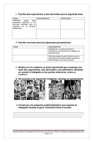 Equipo Académico-Pedagógico Área Ciencias Económicas y Políticas- Colegios Arquidiocesanos de Cali
Página 111
6. Escribo dos argumentos y dos derivadas para la siguiente tesis:
TESIS ARGUMENTOS DERIVADAS
Colombia posee gran
capacidad productiva y de
recursos naturales para la
inserción en el proceso
globalizador.
7. Escribo una tesis para los siguientes pensamientos
TESIS ARGUMENTOS
Colombia es un país pluri étnico y
multicultural, que promueve el respeto y la
equidad social.
Colombia posee un gran territorio, que se
encuentra provisto de grandes riquezas en
biodiversidad y recursos naturales.
8. Realizo en mi cuaderno un texto argumental que contenga una
tesis dos argumentos, dos derivadas y una definitoria, teniendo
en cuenta lo trabajado en los puntos anteriores. (Utilizo mi
cuaderno)
9. De acuerdo a las siguientes imágenes, extraigo un pensamiento.
10.Construyo una pregunta problematizadora que exprese lo
trabajado durante la guía: Colombia frente al mundo.
______________________________________________________________________
______________________________________________________________________
____________________________________________________________________
 
