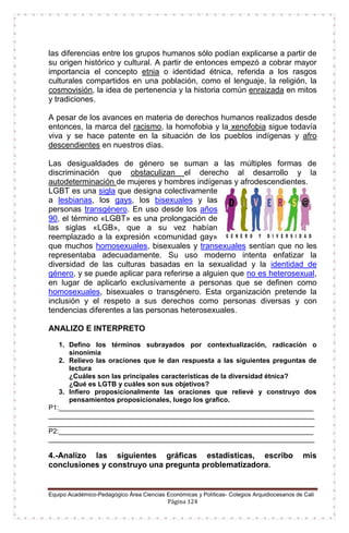 Equipo Académico-Pedagógico Área Ciencias Económicas y Políticas- Colegios Arquidiocesanos de Cali
Página 124
las diferencias entre los grupos humanos sólo podían explicarse a partir de
su origen histórico y cultural. A partir de entonces empezó a cobrar mayor
importancia el concepto etnia o identidad étnica, referida a los rasgos
culturales compartidos en una población, como el lenguaje, la religión, la
cosmovisión, la idea de pertenencia y la historia común enraizada en mitos
y tradiciones.
A pesar de los avances en materia de derechos humanos realizados desde
entonces, la marca del racismo, la homofobia y la xenofobia sigue todavía
viva y se hace patente en la situación de los pueblos indígenas y afro
descendientes en nuestros días.
Las desigualdades de género se suman a las múltiples formas de
discriminación que obstaculizan el derecho al desarrollo y la
autodeterminación de mujeres y hombres indígenas y afrodescendientes.
LGBT es una sigla que designa colectivamente
a lesbianas, los gays, los bisexuales y las
personas transgénero. En uso desde los años
90, el término «LGBT» es una prolongación de
las siglas «LGB», que a su vez habían
reemplazado a la expresión «comunidad gay»
que muchos homosexuales, bisexuales y transexuales sentían que no les
representaba adecuadamente. Su uso moderno intenta enfatizar la
diversidad de las culturas basadas en la sexualidad y la identidad de
género, y se puede aplicar para referirse a alguien que no es heterosexual,
en lugar de aplicarlo exclusivamente a personas que se definen como
homosexuales, bisexuales o transgénero. Esta organización pretende la
inclusión y el respeto a sus derechos como personas diversas y con
tendencias diferentes a las personas heterosexuales.
ANALIZO E INTERPRETO
1. Defino los términos subrayados por contextualización, radicación o
sinonimia
2. Relievo las oraciones que le dan respuesta a las siguientes preguntas de
lectura
¿Cuáles son las principales características de la diversidad étnica?
¿Qué es LGTB y cuáles son sus objetivos?
3. Infiero proposicionalmente las oraciones que relievé y construyo dos
pensamientos proposicionales, luego los grafico.
P1:___________________________________________________________________
______________________________________________________________________
______________________________________________________________________
P2:___________________________________________________________________
______________________________________________________________________
4.-Analizo las siguientes gráficas estadísticas, escribo mis
conclusiones y construyo una pregunta problematizadora.
 