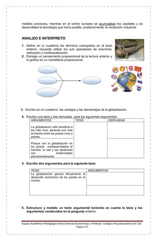 Equipo Académico-Pedagógico Área Ciencias Económicas y Políticas- Colegios Arquidiocesanos de Cali
Página 15
metales preciosos, mientras en el centro europeo se acumulaban los capitales y se
desarrollaba la tecnología que haría posible, posteriormente, la revolución industrial.
ANALIZO E INTERPRETO
1. Defino en tu cuaderno los términos subrayados en el texto
anterior, recuerda utilizar los sub operadores de sinonimia,
radicación o contextualización.
2. Extraigo un pensamiento proposicional de la lectura anterior y
lo grafico en un mentefacto proposicional.
3. Escribo en mi cuaderno las ventajas y las desventajas de la globalización.
4. Escribo una tesis y dos derivadas para los siguientes argumentos:
ARGUMENTOS TESIS DERIVADAS
La globalización sólo beneficia a
los más ricos, abriendo aún más
la brecha entre los países ricos y
pobres.
Porque con la globalización en
los países subdesarrollados el
hambre, la sed y las epidemias
son evidenciadas
permanentemente.
5. Escribo dos argumentos para la siguiente tesis
TESIS ARGUMENTOS
La globalización genera eficazmente el
desarrollo económico de los países en el
mundo.
6. Estructuro y modelo un texto argumental teniendo en cuenta la tesis y los
argumentos construidos en la pregunta anterior.
 