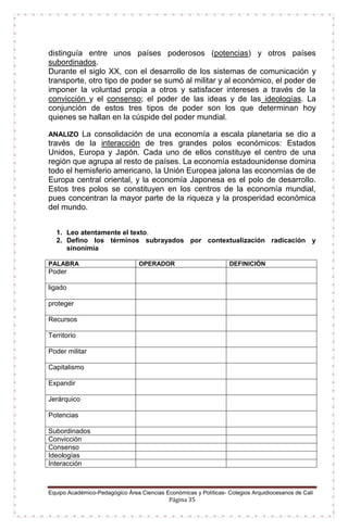 Equipo Académico-Pedagógico Área Ciencias Económicas y Políticas- Colegios Arquidiocesanos de Cali
Página 35
distinguía entre unos países poderosos (potencias) y otros países
subordinados.
Durante el siglo XX, con el desarrollo de los sistemas de comunicación y
transporte, otro tipo de poder se sumó al militar y al económico, el poder de
imponer la voluntad propia a otros y satisfacer intereses a través de la
convicción y el consenso; el poder de las ideas y de las ideologías. La
conjunción de estos tres tipos de poder son los que determinan hoy
quienes se hallan en la cúspide del poder mundial.
ANALIZO La consolidación de una economía a escala planetaria se dio a
través de la interacción de tres grandes polos económicos: Estados
Unidos, Europa y Japón. Cada uno de ellos constituye el centro de una
región que agrupa al resto de países. La economía estadounidense domina
todo el hemisferio americano, la Unión Europea jalona las economías de de
Europa central oriental, y la economía Japonesa es el polo de desarrollo.
Estos tres polos se constituyen en los centros de la economía mundial,
pues concentran la mayor parte de la riqueza y la prosperidad económica
del mundo.
1. Leo atentamente el texto.
2. Defino los términos subrayados por contextualización radicación y
sinonimia
PALABRA OPERADOR DEFINICIÓN
Poder
ligado
proteger
Recursos
Territorio
Poder militar
Capitalismo
Expandir
Jerárquico
Potencias
Subordinados
Convicción
Consenso
Ideologías
Interacción
 