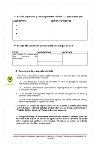 Equipo Académico-Pedagógico Área Ciencias Económicas y Políticas- Colegios Arquidiocesanos de Cali
Página 42
8. Escribo argumentos y contraargumentos sobre el TLC para nuestro país.
ARGUMENTOS CONTRA ARGUMENTOS






9. Escribo dos argumentos y una derivada para la siguiente tesis
TESIS ARGUMENTOS DERIVADA
Los Tratados Económicos son
una estrategia de
Dominación”
10. Selecciono la respuesta correcta
Para medir el impacto de un tratado de libre comercio en la economía de un país, se debe
buscar y comprar información acerca de
a. Las políticas que el Estado ha impulsado con el fin de proteger la producción
nacional de la competencia extranjera.
b. La manera como el sector agroindustrial se preparó para asumir la competencia de
la producción extranjera.
c. c. La cantidad de trabajadores empleados en labores de exportación de bienes y
servicios, antes del tratado.
d. Los niveles de producción agroindustrial, agrícola y de bienes y servicios, antes y
después de la entrada en vigencia del tratado.
11.Teniendo en cuenta las implicaciones de un acuerdo o tratado económico
entre Estados: ¿Tendrá Estados Unidos interés de dominación al firmarse el
Tratado de libre comercio? Argumento en mi cuaderno.
.
12. Imagino que soy un columnista reconocido de la revista Semana y me han
encomendado realizar un artículo de opinión sobre el TLC Colombia en donde
debo exponer sus ventajas y desventajas. MI misión es realizar un artículo
muy creativo y muy bien argumentado.
 