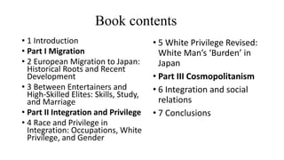 Book contents
• 1 Introduction
• Part I Migration
• 2 European Migration to Japan:
Historical Roots and Recent
Development
• 3 Between Entertainers and
High-Skilled Elites: Skills, Study,
and Marriage
• Part II Integration and Privilege
• 4 Race and Privilege in
Integration: Occupations, White
Privilege, and Gender
• 5 White Privilege Revised:
White Man’s ‘Burden’ in
Japan
• Part III Cosmopolitanism
• 6 Integration and social
relations
• 7 Conclusions
 