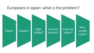 Europeans in Japan: what is the problem?
Elites? Expats?
High-
skilled?
Success
stories?
Cosmop
olitan?
Non-
proble
matic?
 