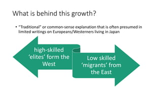 What is behind this growth?
• “Traditional” or common-sense explanation that is often presumed in
limited writings on Europeans/Westerners living in Japan
high-skilled
‘elites’ form the
West
Low skilled
‘migrants’ from
the East
 