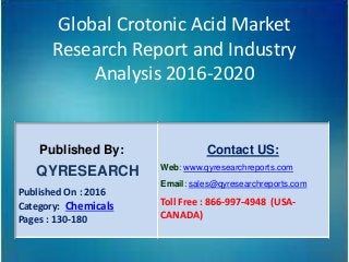 Global Crotonic Acid Market
Research Report and Industry
Analysis 2016-2020
Published By:
QYRESEARCH
Published On : 2016
Category: Chemicals
Pages : 130-180
Contact US:
Web: www.qyresearchreports.com
Email: sales@qyresearchreports.com
Toll Free : 866-997-4948 (USA-
CANADA)
 