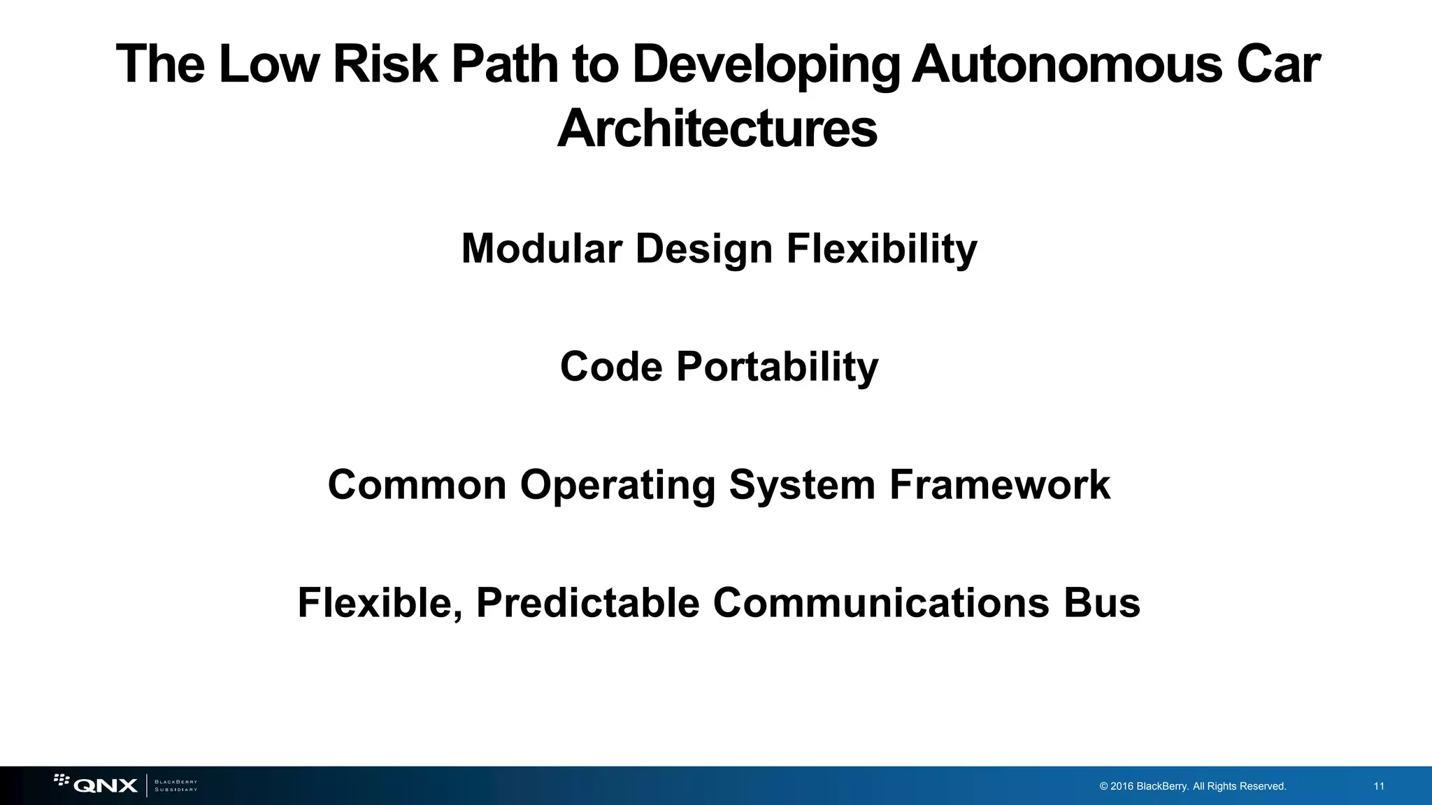 11
© 2016 BlackBerry. All Rights Reserved. 11
The Low Risk Path to Developing Autonomous Car
Architectures
Modular Design Flexibility
Code Portability
Common Operating System Framework
Flexible, Predictable Communications Bus
 
