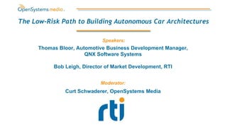 Thomas Bloor, Automotive Business Development Manager,
QNX Software Systems
Bob Leigh, Director of Market Development, RTI
The Low-Risk Path to Building Autonomous Car Architectures
Moderator:
Curt Schwaderer, OpenSystems Media
Speakers:
 