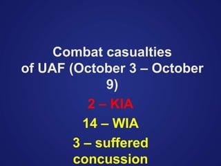 Combat casualties
of UAF (October 3 – October
9)
2 – KIA
14 – WIA
3 – suffered
concussion