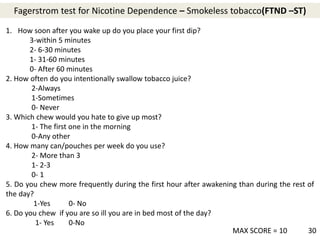 MAX SCORE = 10 30
Fagerstrom test for Nicotine Dependence – Smokeless tobacco(FTND –ST)
1. How soon after you wake up do you place your first dip?
3-within 5 minutes
2- 6-30 minutes
1- 31-60 minutes
0- After 60 minutes
2. How often do you intentionally swallow tobacco juice?
2-Always
1-Sometimes
0- Never
3. Which chew would you hate to give up most?
1- The first one in the morning
0-Any other
4. How many can/pouches per week do you use?
2- More than 3
1- 2-3
0- 1
5. Do you chew more frequently during the first hour after awakening than during the rest of
the day?
1-Yes 0- No
6. Do you chew if you are so ill you are in bed most of the day?
1- Yes 0-No
 