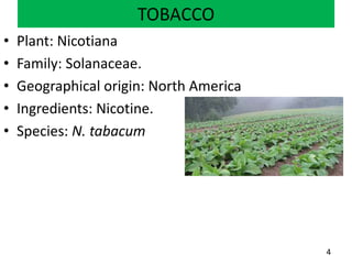 TOBACCO
• Plant: Nicotiana
• Family: Solanaceae.
• Geographical origin: North America
• Ingredients: Nicotine.
• Species: N. tabacum
4
 