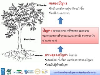 16
แผนยุทธศาสตร์ระบบนิเวศทางทะเล
อุทยานแห่งชาติตะรุเตา
“การจัดการทรัพยากรในอุทยานแห่งชาติอย่างมีส่วนร่วม”
สาเหตุของปัญหา คืออะไร
•แสดงลาดับขั้นที่มา และปลายรากของปัญหา
•ใครเป็นผู้สร้างปัญหา
ผลของปัญหา
•ถ้าปัญหายังคงอยู่จะเกิดอะไรขึ้น
•ใครได้รับผลกระทบ
ปัญหา การลดลงของทรัพยากร และความ
หลากหลายทางชีวภาพ (แนวปะการัง ชายหาด ป่า
ชายเลน ฯลฯ)
 