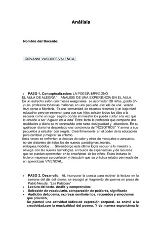 Análisis
Nombre del Docente:
GIOVANNI VASQUES VALENCIA
 PASO 1. Conceptualización: LA POESÍA IMPREGNÓ
EL AULA DE ALEGRÍA.” ANALISIS DE UNA EXPERIENCIA EN EL AULA.
En un estrecho salón con mesas exagonales se acomodan 28 niños_grado 3°-
y una profesora todas las mañanas en una pequeña escuela de una vereda
muy cerca a Montería. Es una comunidad de escasos recursos y un bajo nivel
educativo pero se esmeran para que sus hijos asistan todos los días a la
escuela como un lugar seguro donde el maestro los pueda cuidar a la vez que
le enseñe a ser “Alguien en la vida” Entre tanto la profesora que comparte dos
realidades a diario se ve conmovida ante tanta desigualdad y abandono. En su
quehacer diario ha despertado una conciencia de ”NOSOTROS” Y anima a sus
pequeños a estudiar con alegría. Creé firmemente en el poder de la educación
para cambiar y mejorar su entorno.
Unas veces se enfrentan a oleadas de calor y otras de mosquitos o zancudos,
no tan distantes de éstas las de nuevos paradigmas, teorías,
enfoques,modelos…. Sin embargo esta última logra seducir a la maestra y
navega con las nuevas tecnologías en busca de experiencias y de recursos
que se puedan aprovechar en la enseñanza de los niños. Estas lecturas le
hicieron repensar su quehacer y descubrir que su práctica estaba permeada de
un aprendizaje VIVENCIAL.
 PASO 2. Desarrollo: AL incorporar la poesía para motivar la lectura en la
semana del día del idioma, se escogió un fragmento del poema en prosa de
Pablo Neruda. “Las Palabras”
 Lectura del texto. Anális y comprensión-
 Selección de vocabulario, comparación de palabras, significado
 Audición del poema, expresar sentimientos, recuerdos y emociones
que provocó,
Se planteó una actividad lúdica.de expresión corporal- se animó a la
creatividad,con la musicalidad del poema. Y de manera espontánea lo
 