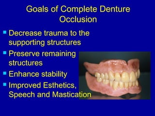 Goals of Complete Denture
Occlusion
 Decrease trauma to the
supporting structures
 Preserve remaining
structures
 Enhance stability
 Improved Esthetics,
Speech and Mastication
 