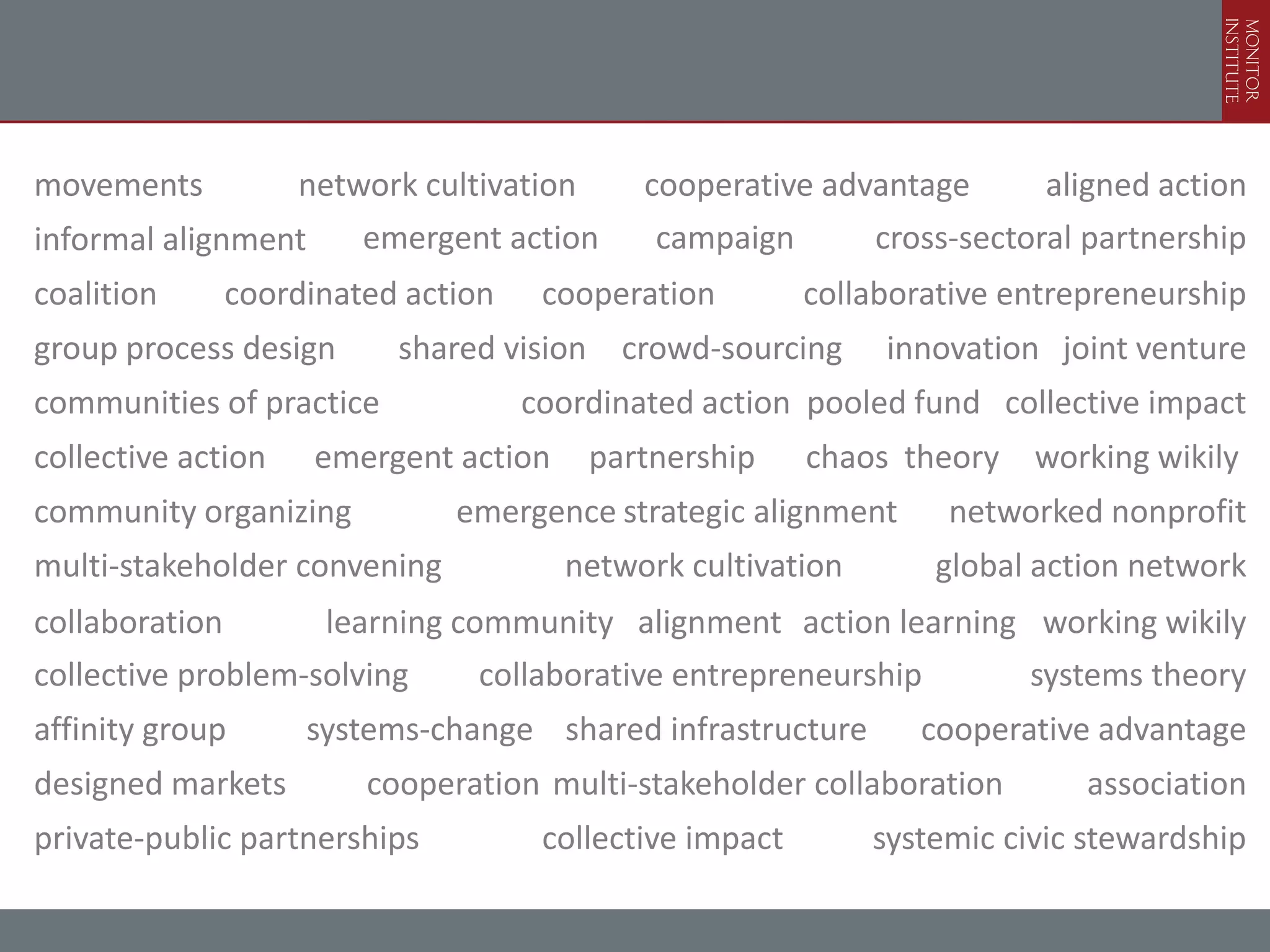 movements        network cultivation       cooperative advantage      aligned action
informal alignment   emergent action        campaign      cross-sectoral partnership
coalition    coordinated action    cooperation         collaborative entrepreneurship
group process design      shared vision crowd-sourcing      innovation joint venture
communities of practice           coordinated action pooled fund collective impact
collective action   emergent action    partnership     chaos theory working wikily
community organizing          emergence strategic alignment      networked nonprofit
multi-stakeholder convening           network cultivation       global action network
collaboration       learning community alignment action learning working wikily
collective problem-solving     collaborative entrepreneurship    systems theory
affinity group      systems-change shared infrastructure       cooperative advantage
designed markets       cooperation multi-stakeholder collaboration        association
private-public partnerships        collective impact        systemic civic stewardship
 