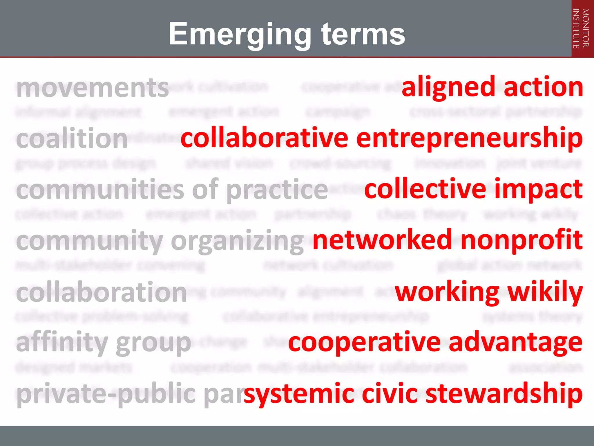 Emerging terms
movements                    aligned action
coalition    collaborative entrepreneurship
communities of practice   collective impact
community organizing networked nonprofit
collaboration                working wikily
affinity group       cooperative advantage
private-public parsystemic civic stewardship
 